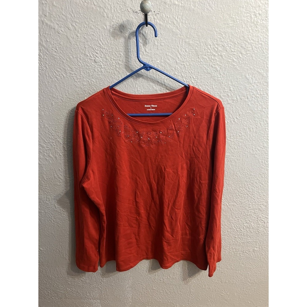 Studio Works Red Sequin Top Size Large Long Sleeves Stretch Lightweight Holiday‎